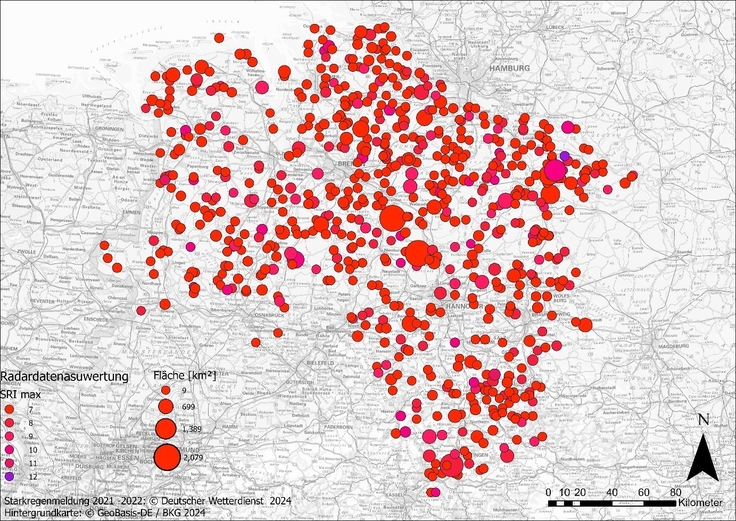 Eine Karte von Niedersachsen auf der zu erkennen ist, dass Starkregenereignisse im ganzen Bundesland auftreten.