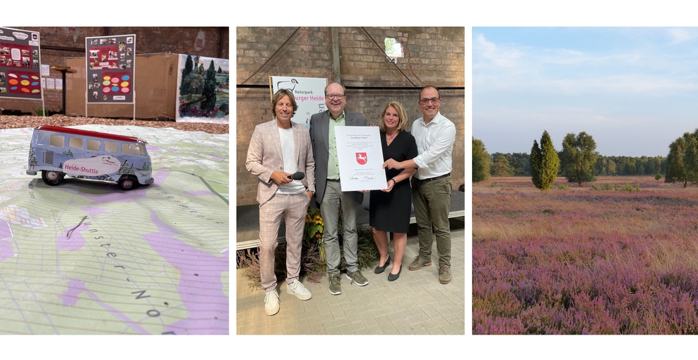 Zu sehen ist eine Collage aus drei Bildern. Bild 1 zeigt einen Spielzeug-Bulli auf einer Landkarte. Bild 2 zeigt Minister Meyer und drei weitere Menschen bei der Übergabe der Urkunde. Bild 3 zeigt die Lüneburger Heide in lila Blüte.