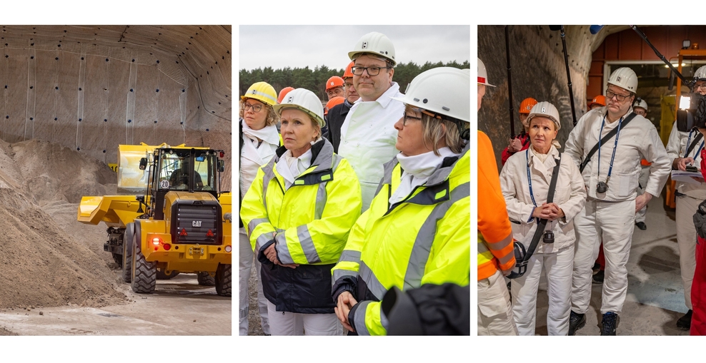 Eine Collage aus drei Bildern. Bild 1 ist ein Bagger Unter Tage der Salz verfüllt. Bild 2 und 3 sind Minister Meyer und Ministerin Lemke in weißer Gruben-Kleidung Über und Unter Tage.