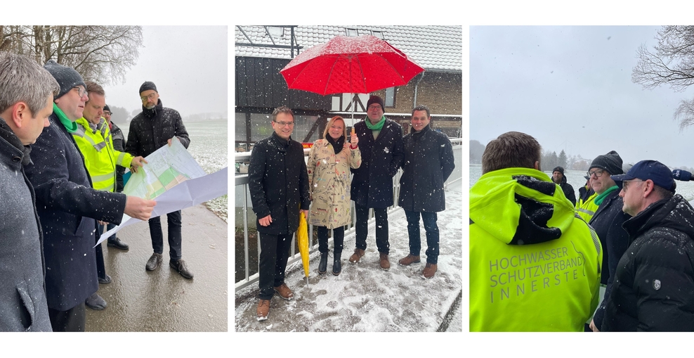 Eine Collage aus drei Bildern. Auf allen ist Minister Meyer im Schneegestöber vor Bornhausen zu sehen. Hier wird das Rückhaltebecken entstehen.